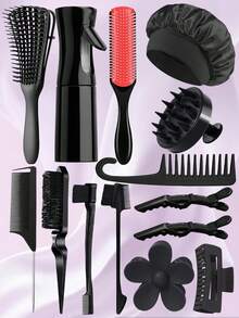 14pcs Natural Curl Hairstyling Tool Set, Including Spray Bottle, Sleep Cap, Curling Comb, Detangling Brush, Alligator Clips, Wet/Dry Hair Brushing Kit, Available In Pink/Black/Purple - Multicolor - View 3