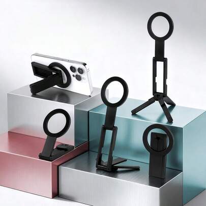 1个便携式可折叠磁性手机支架，有黑色和银色可选，适用于手机拍摄、视频录制和手机稳定器。