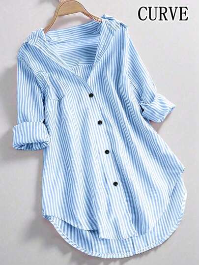Plus Size Women Striped Long Sleeve Collared Button-Up Shirt, Autumn