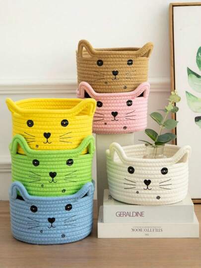 1pc Cute Cat Shaped Handled Storage Basket - Foldable Cotton Rope Basket, Laundry Basket, Desktop Organizer And Home Decor, Cotton Rope Storage Basket, Cotton Thread Desktop Makeup & Toy Organizer Basket, Colorful Cat Shaped Organizer Basket, Key & Book Storage Basket