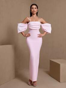 Women's Pink Fitted Maxi Dress, Cold-Shoulder Sleeves, Draped Design, Embellished With Rhinestone Straps, Knit Medium Stretch Fabric, Suitable For Party Wear Wedding Spring - Pink - View 3