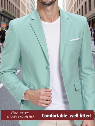 男士修身商务休闲西装外套双扣旅行西装外套纯色西装夹克派对舞会薄荷绿尺码 XS-3XL