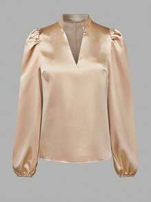 Blusa de satén con cuello en V y mangas abullonadas, corte regular, nuevo estilo para primavera/otoño - Champán - Ver 3