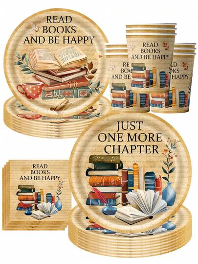 50Pcs Retro Book Quote Printed Party Supplies Set - "Read Books And Be Happy" Slogan Disposable Paper Plates Cups Napkins, Festive Tableware Ideal For Book Lover Birthdays & Literary Gatherings, Library Style Decor For Home Party Favors & Book Club Essentials