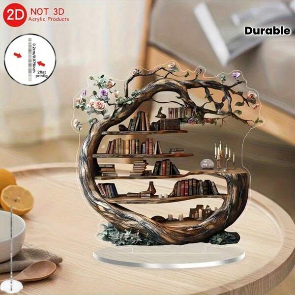 2D Acryl Lebensbaum Schreibtischorganizer - Blumiges Holzmaserung Muster Multifunktions Buchständer, Heim Büro Küche Dekoration - Kunstaufbewahrungsregal, Einweihungsgeschenk, naturinspiriertes Design, Holzoptik, handgefertigt, Dekorationsregal, Heimdekoration, 2D flach