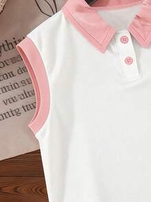 1pc Girls Cute Sleeveless Top, Polo Collar, Pink Bow Print, Sleeveless T-Shirt, Suitable For Spring/Summer Travel - Pink - View 5