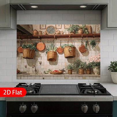 1pc Vintage Kitchen Wall Sticker - 2D Flat Design With Pot And Plants, PVC Sticker, Easy To Apply, Matte Surface, Reusable, Perfect For Home Decor And Modern Kitchen Interiors, Kitchen Wall Decoration | Vintage Kitchen Scene | Wall Stickers, Kitchen Decor And Accessories
