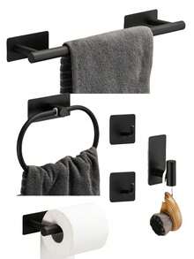 6pcs No-Drill Bathroom Hardware Set - Towel Rack, Towel Ring, Toilet Paper Holder, Robe Hook, Wall Mounted - Multicolor - View 9
