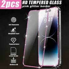 热销两片装（粉色彩虹高清）兼容闪光水钻边框屏幕保护膜，粉色高清防摔，兼容 11/12/13/14/15/16/17系列，时尚手机配件，易于安装，兼容手机壳，屏幕保护必备，适用于日常、办公、家庭使用，防水防震防摔防刮花。 - 2 件/粉紅色 - 查看 2