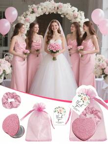 4pcs Pink Flashing Heart Folding Compact Mirrors & Hair Ties, Includes Thank You Card & Drawstring Bag, Suitable For Bridal Shower, Bachelorette Party, Birthday, Back To School, Mother's Day, Valentine's Day Gifts - Multicolor - View 4