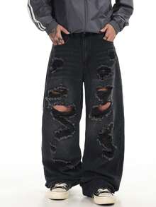 1件 Justice Brother 复古做旧破洞毛边牛仔裤，男士休闲宽松阔腿牛仔裤，嘻哈街头风 - 黑色 - 查看 8