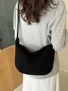 Bộ 2 túi đeo vai và đeo chéo bằng vải nhung kẻ, phong cách sinh viên sành điệu, tối giản, thời trang Hàn Quốc. - màu đen - Xem 4