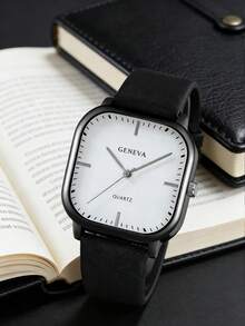 5pcs/Set Minimalist Business Men's Watch Set, Men's Quartz Watch Series, Includes 1 Black Frame Square Dial Quartz Watch (Black/White Dial With Black/Brown/Navy Blue Strap). Simple And Clean Design, Low-Key And Refined, Showcasing Fashionable Charm. - Multicolor - View 6