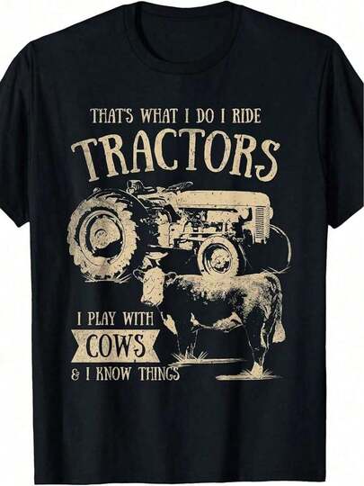 100% Hecho en EE. UU. - Camiseta de vaquero y agricultor divertida "I Ride Tractors & I Know Things" para hombres, gráfico vintage de tractor y ganado, 180g de algodón, manga corta, cuello redondo - Regalo ideal para agricultores y aficionados
