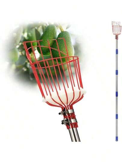 DonSail Fruit Picker Pole Tool With Basket Long Handle, 35-65 Inch Adjustable Apple Orange Picker Pole Tool With Basket For Avocado Acorn Lemon Pear Mango Tree Picker