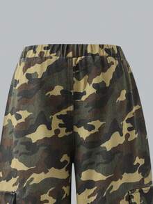 少女美式街头风宽松工装牛仔裤，春季新款军绿色迷彩口袋阔腿休闲裤 - 軍綠色 - 查看 6