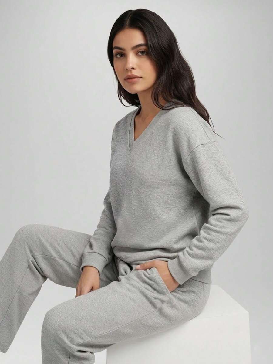 CZRLHYT 女士宽松V领蓬松抓绒卫衣和慢跑裤两件套，休闲舒适两件套，灰色 - 灰色 - 查看 1