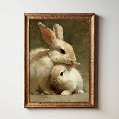 1pc Framed/Unframed Vintage Easter Bunny Moody Canvas Poster Farmhouse Antique Animal Rabbits Rustic Wall Art Print Cottagecore Decor Retro Painting For Apartment,Living Room,Bedroom,Modern Home Decoration