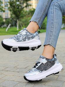 1 đôi giày trượt patin 4 bánh kiểu đường phố có cánh tháo rời và thu gọn, phù hợp cho thanh thiếu niên, giày trượt patin unisex buộc dây bằng PU. - Đen và trắng - Xem 7