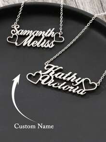 Customized Couple's Double Name Necklace, Hollow Heart Pendant, Personalized Stainless Steel Couple Necklace, Gift For Valentine's Day, Birthday, Anniversary, Boyfriend And Girlfriend - Multicolor - View 2
