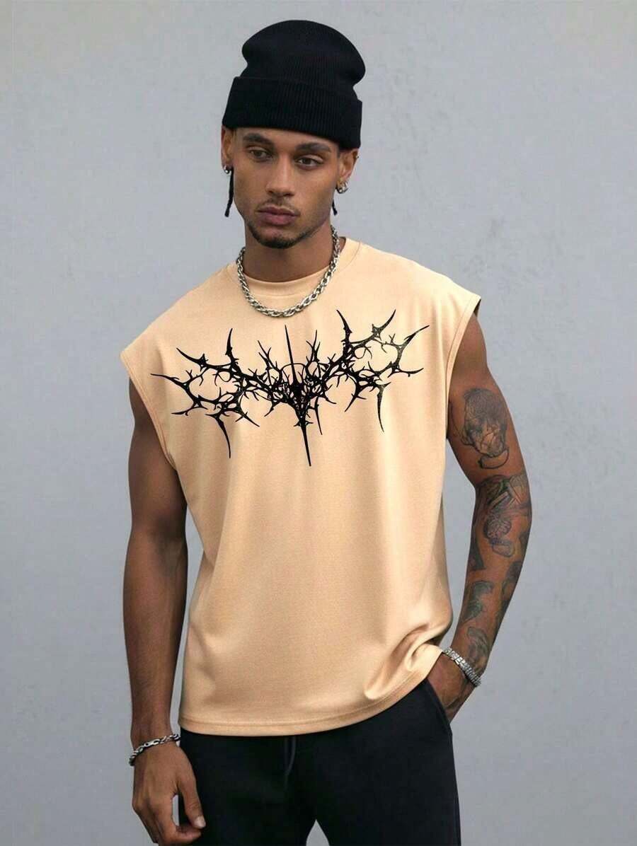 Men's Oversized Tank Top, 100% Cotton, Printed, Basic, Oversized Muscle Shirt, Sleeveless T-Shirt, Cool Streetwear, Black Metal - Màu be - Xem 1