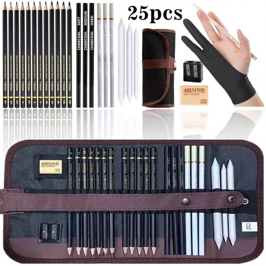 12/25/32pcs Sketch Drawing Pencil Set, Black & White Charcoal Pencils, Art Supplies For Adults & Students, Stationery Combo - Sets - View 1