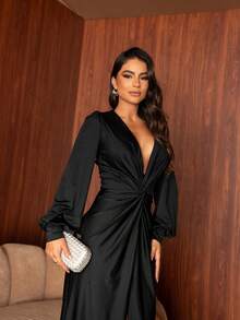 Sexy Elegant Party Twisted Side Opening Button Wedding - 黑色 - 查看 2