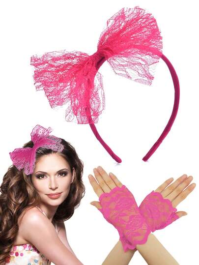 2Pcs Forever & Moment 80s Women's Lace Headband With Gloves, 80s Retro Party Dress-Up Accessory - For Masquerade Balls, Dance Performances, Opera Galas, Bridal Weddings, Disco Party, Concerts, Gifts