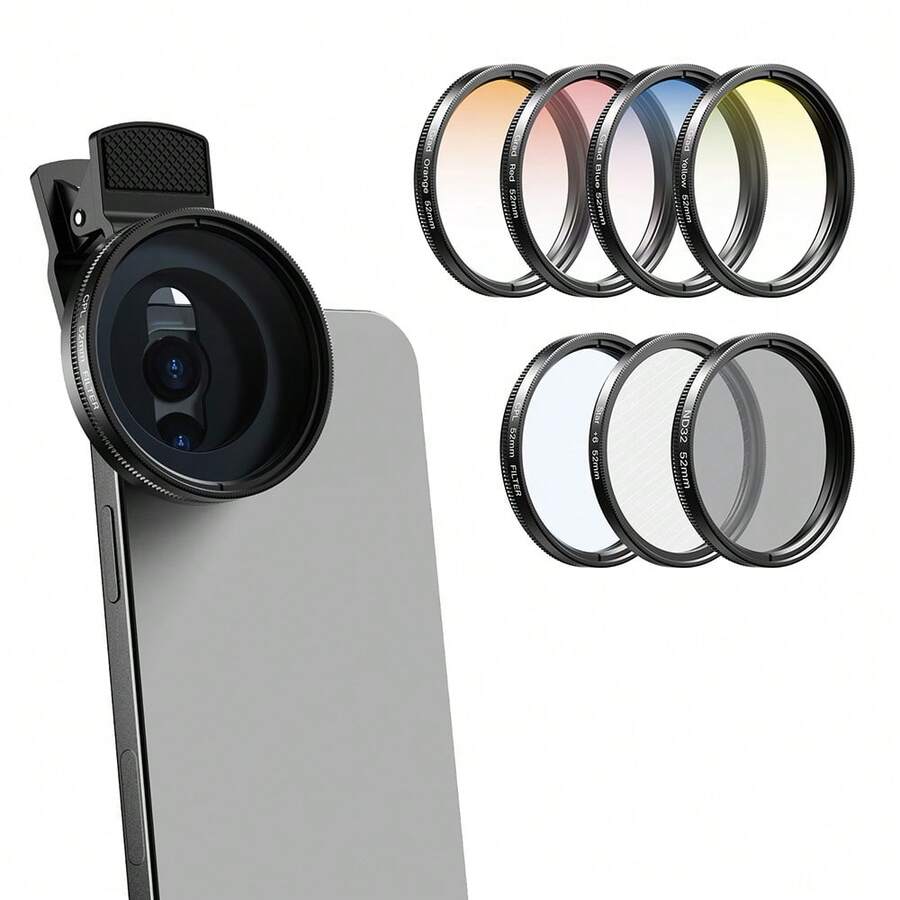APEXEL 7-In-1 Smartphone Filter Lens Kit, Professional 52mm Gradient Red, Yellow, Blue, And Orange Filters, ND32 Filter + Star Filter + CPL Filter, Gradient Smartphone Camera Filter Lens Compatible With Almost All Smartphones.