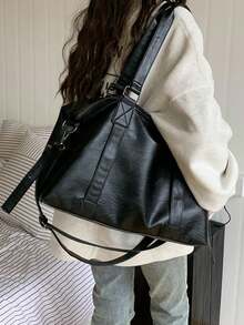 Dedoo 复古皮革斜挎包，大容量单肩包，纯色手提包（请置于通风处1-3天以散去材质气味） - 黑色 - 查看 5