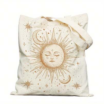 复古金色日月图案双面印花手提袋，精美主题购物袋，波西米亚学院风设计，秋季感恩节礼物，杂货袋，适合居家、通勤、度假、上学、送礼，16英寸*14英寸