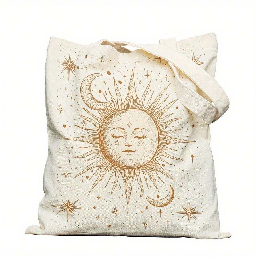 复古金色日月图案双面印花手提袋，精美主题购物袋，波西米亚学院风设计，秋季感恩节礼物，杂货袋，适合居家、通勤、度假、上学、送礼，16英寸*14英寸