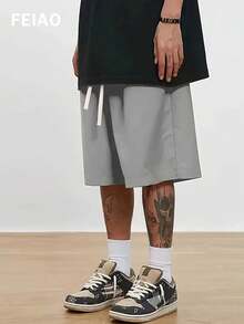 FEIAO Men's Retro Old Banknote Style Drawstring Solid Color Loose Mid-Length Pants, Lightweight, Casual, Comfortable, Versatile, Simple And Fashionable, Easy To Travel - Grey - View 3