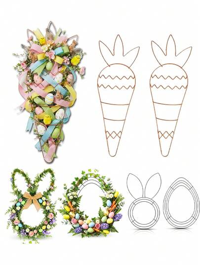 Marco de corona de Pascua de alambre, marco de corona con zanahoria, huevo, conejo. Marco de guirnalda de metal DIY para manualidades. Forma de metal de huevo y conejo para decoración de Pascua interior, exterior, porche, pared, guirnalda de flores.