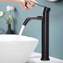 Grifo de lavabo moderno, grifo de bao negro mate, grifo de acero inoxidable, con cao de 30 cm de alto, grifo de lavabo de un solo orificio - Negro - Ver 5