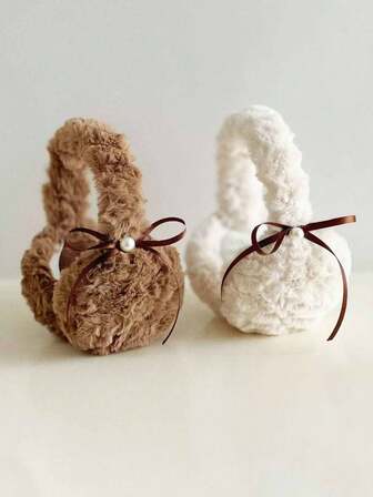 1 pieza Orejeras con lazo, correa y decoración de perlas, adecuadas para ciclismo, protección de oídos, orejeras de peluche para mujer