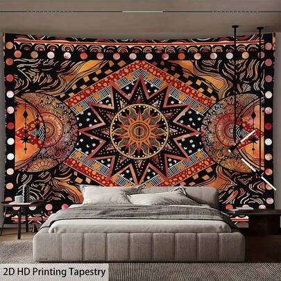 Tapiz de fondo, tela colgante, tela de pared, tela decorativa, tapiz de mandala intrincado estilo bohemio, patrón geométrico, decoración artística de pared, diseño vibrante naranja y rojo para dormitorio, sala de estar, dormitorio, decoración del hogar bohemia. | Cortina de ducha: Cortina de ducha de poliéster con ganchos