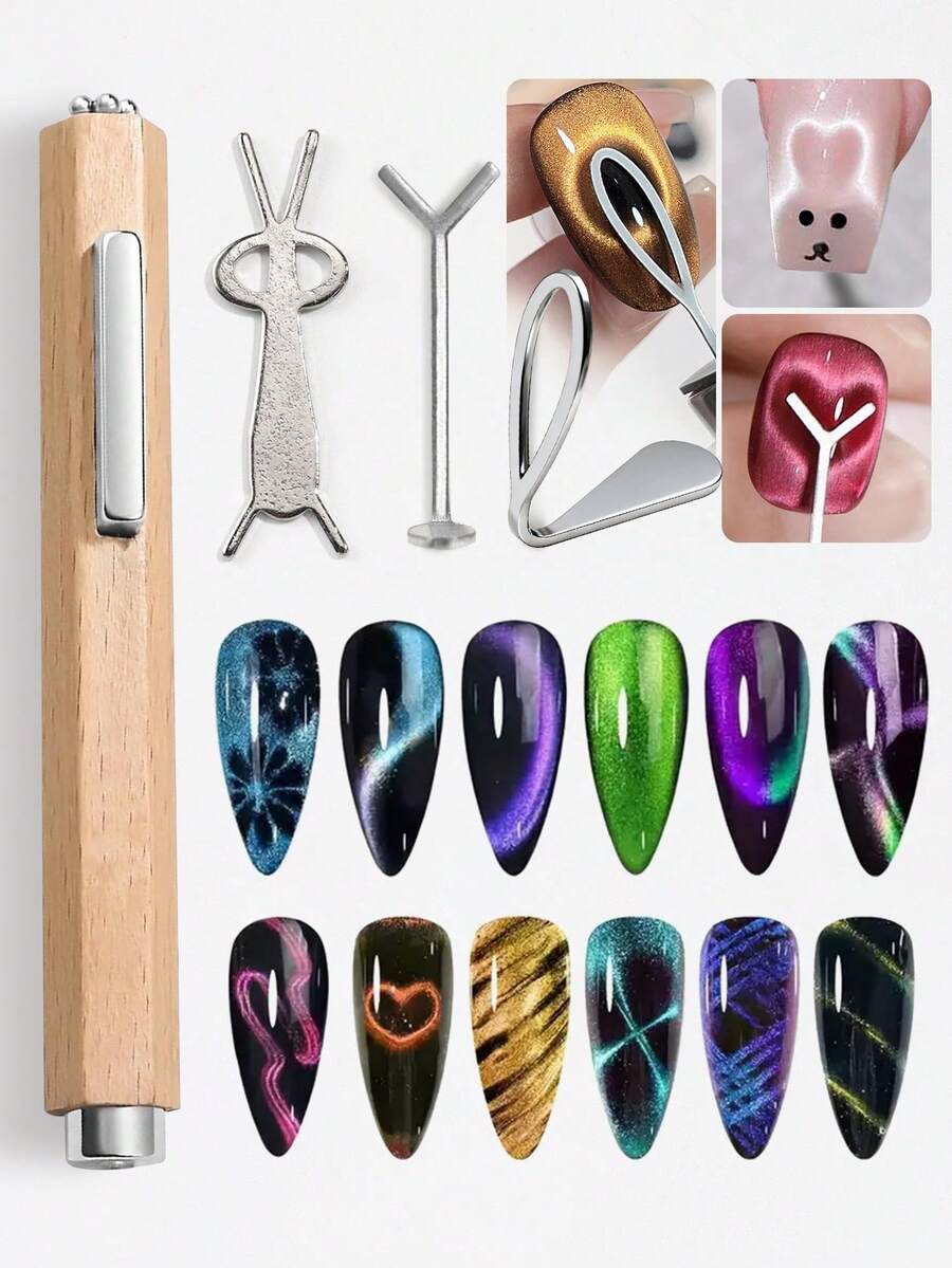 Beautizon Nailartlab 4pcs Nail Art Cat Eye Magnet Set Multi-Functional Fancy Cat Eye Gel Magnet Tool Wooden Handle Magnet Pen Cross-Border - Multicolor - View 1