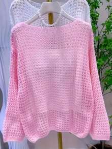 Loose Knit Sheer Cover Up, Women's Oversized Boat Neck Long Sleeve Lightweight Hollow Out Knit Cover Up For Spring/Summer Vacation - Pink - View 3
