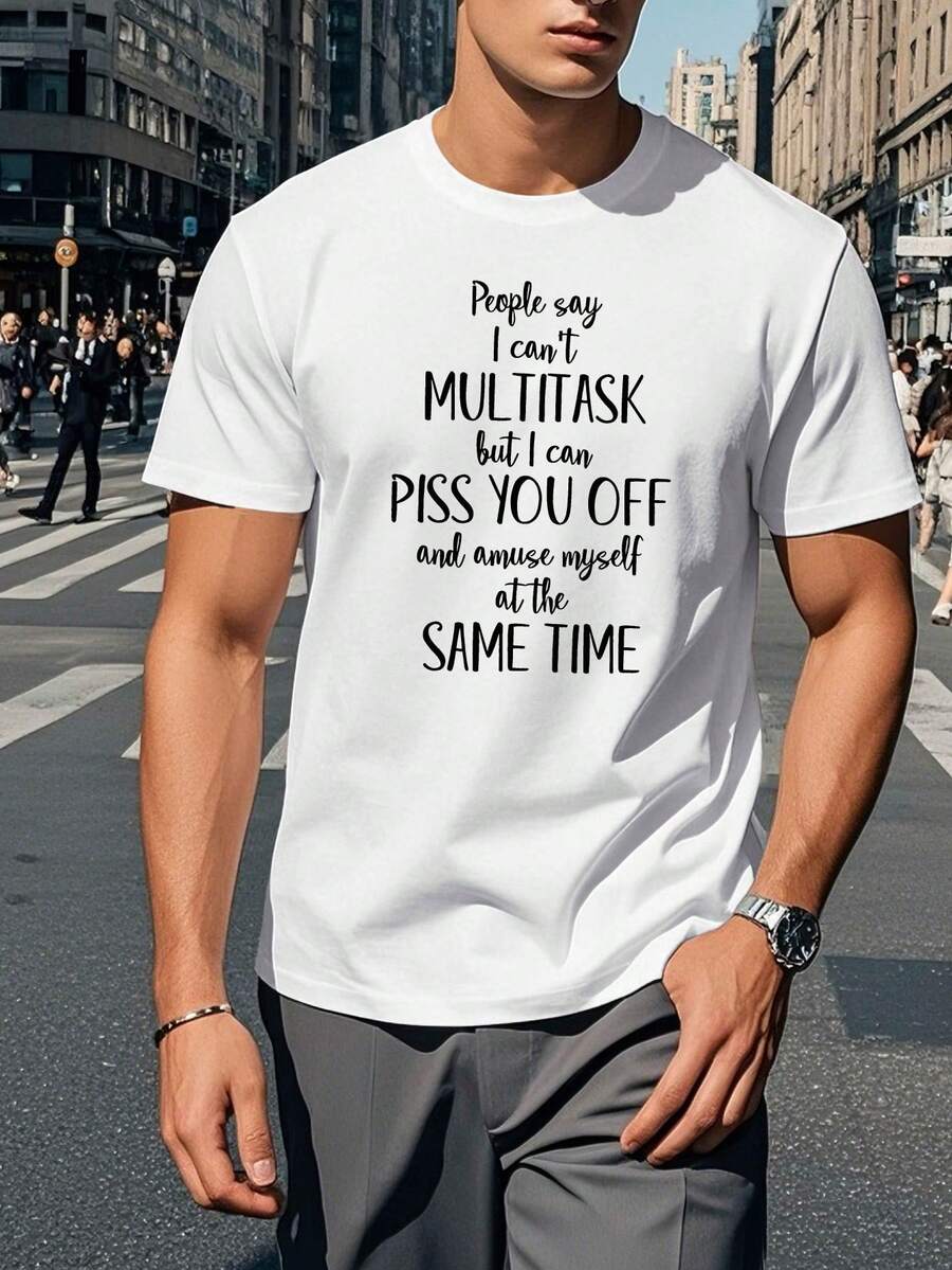 Camiseta blanca para hombres Multitasker - Cuello redondo casual de poliéster con patrón geométrico humorístico, lavable a máquina para el verano - Blanco - Ver 1