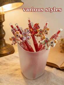 4支/套新年小马造型伸缩圆珠笔，动物贴纸装饰，红白笔杆，款式多样，握感舒适，书写流畅，适合书法、签名和学习，学生及节日文具礼品 - 彩色 - 查看 4