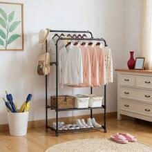 LIVINGANDHOME Living And Home  Sturdy Metal Clothes Rack Double Rod Design With Side Bars Hooks For Garments Towels Bags Storage Holiday - 黑色 - 查看 3