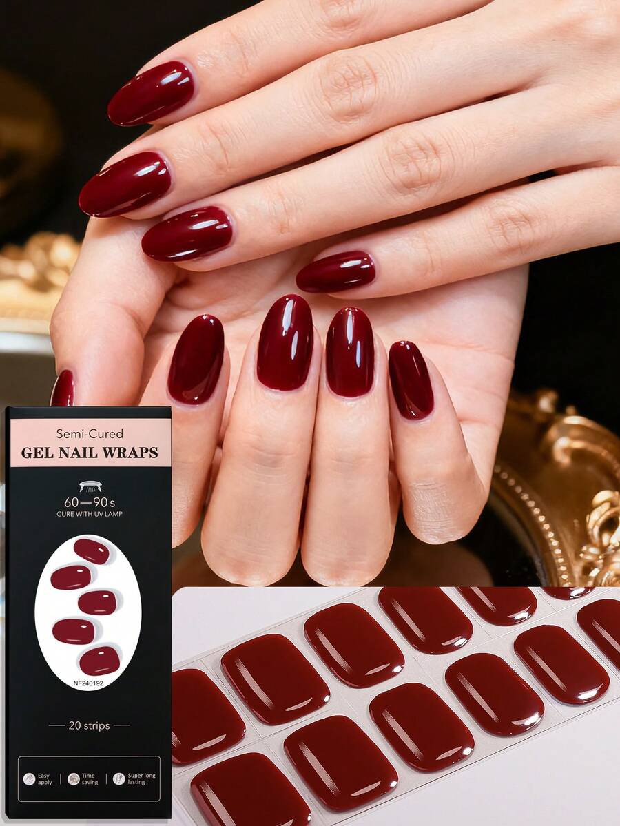 20片半固化凝胶美甲贴纸，优雅高级美白酒红色水晶美甲贴花，沙龙品质，需配合UV灯使用，适合女性和女孩参加派对、日常DIY快速美甲，时尚美甲护理产品，美甲用品