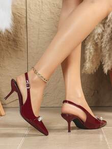 Zapatos de tacón alto de moda para mujer, de piel de PU con efecto espejo, escote bajo, estilo de discoteca, hebilla, lazo, rhinestone, fiesta, hebilla de piedras preciosas, mula sin talón, clásicos tacones de punta, tacón lacado, tacón fino, tacón de gatito, punta abierta, adecuados para todas las estaciones, estilo exterior y regular, zapatos de mujer color vino tinto, tacones altos, sexy, elegante, versátil - Burdeos - Ver 5