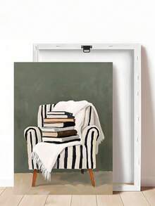 1件装舒适阅读角墙饰，椅子上堆放着一摞书，中性美学装饰，爱书之人墙饰，头顶书本的女子图案，文学装饰，阅读灵感艺术品，复古卧室艺术画，客厅装饰，办公室装饰，教室装饰，墙饰，家居装饰，房间装饰，帆布墙饰，海报，带框墙饰，可选画框 - 彩色 - 查看 19