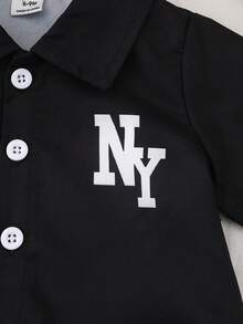 男婴休闲衬衫，前后均印有字母和数字，黑色领子，短袖，春夏款 - 黑色 - 查看 5