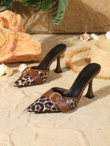 9cm Pointed Toe High Heel Sandals For Women, Elegant Thin Stiletto Single Strap Metal Round Buckle Decor Slip-On Sexy Leopard Print Kitten Heel Shoes, Versatile For Daily, Party, Wedding, Valentine's Day, Office - Leopard - View 4