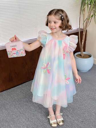 Young Girl 1pc BSand-Colored Rainbow Ombre Flared Dress With Flutter Sleeves And 3D Flower Accents, Tulle Princess Dress