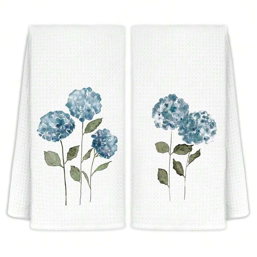 Blue Hydrangea Flowers Floral Kitchen Towels Set Of 2 - Summer Flowers Decorative Hand Towels For Bathroom, Blue Hydrangea Decor Dish Towels For Kitchen, Floral Hand Towels, 16x24 - Hydrangea1 - View 1