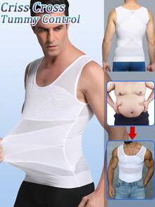 Slimming Mens Tummy Control Shapewear Vest Belly Gynecomastia Boobs Abdomen Compression Shirts Tank Top Underwear Waist Trainer Body Shaper Undershirts Training Sports Gym Workout Fitness - White - View 1